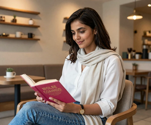 Pakistani woman in casual modern outfit reading at a Lahore coffee shop