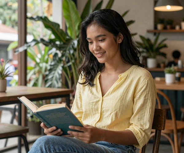 Indonesian woman reading at a cozy Jakarta cafe with tropical plants in the background