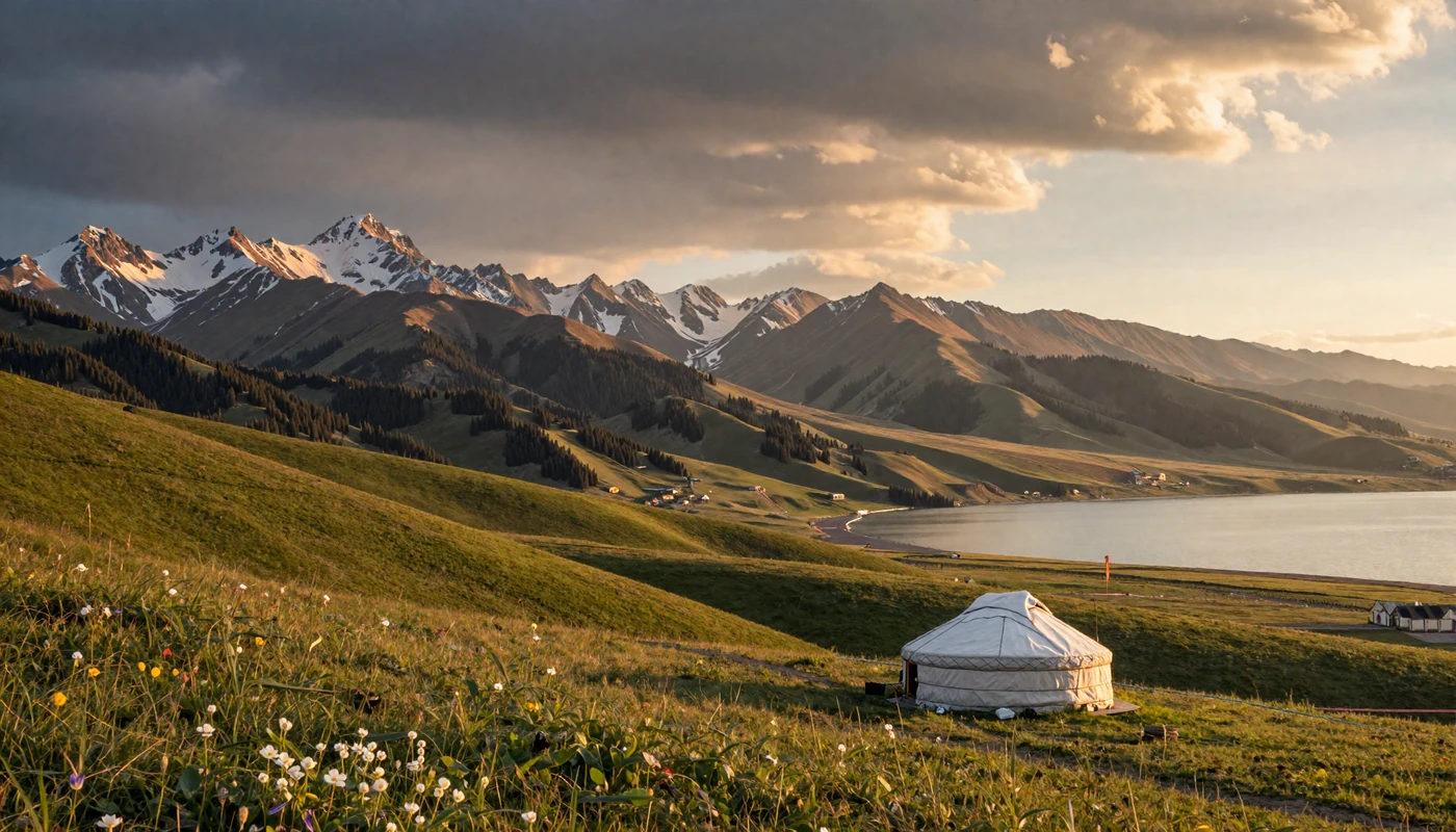 Panoramic Kyrgyzstan landscape with Issyk-Kul lake, Tian Shan mountains, and traditional yurt at golden hour