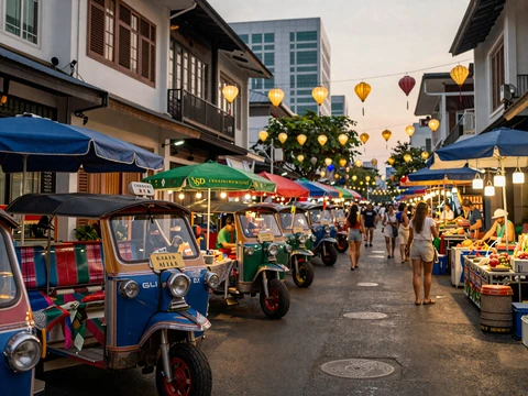 Vibrant Southeast Asian city street with colorful market stalls and warm evening lantern lights