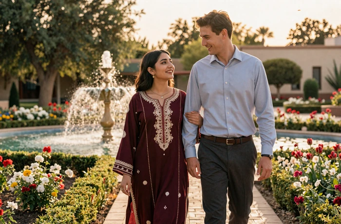 Western man and Afghan woman walking together through a beautiful garden at golden hour, warm and respectful
