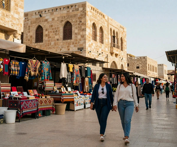 Jordanian women walking through the warm sandstone streets of downtown Amman cultural marketplace