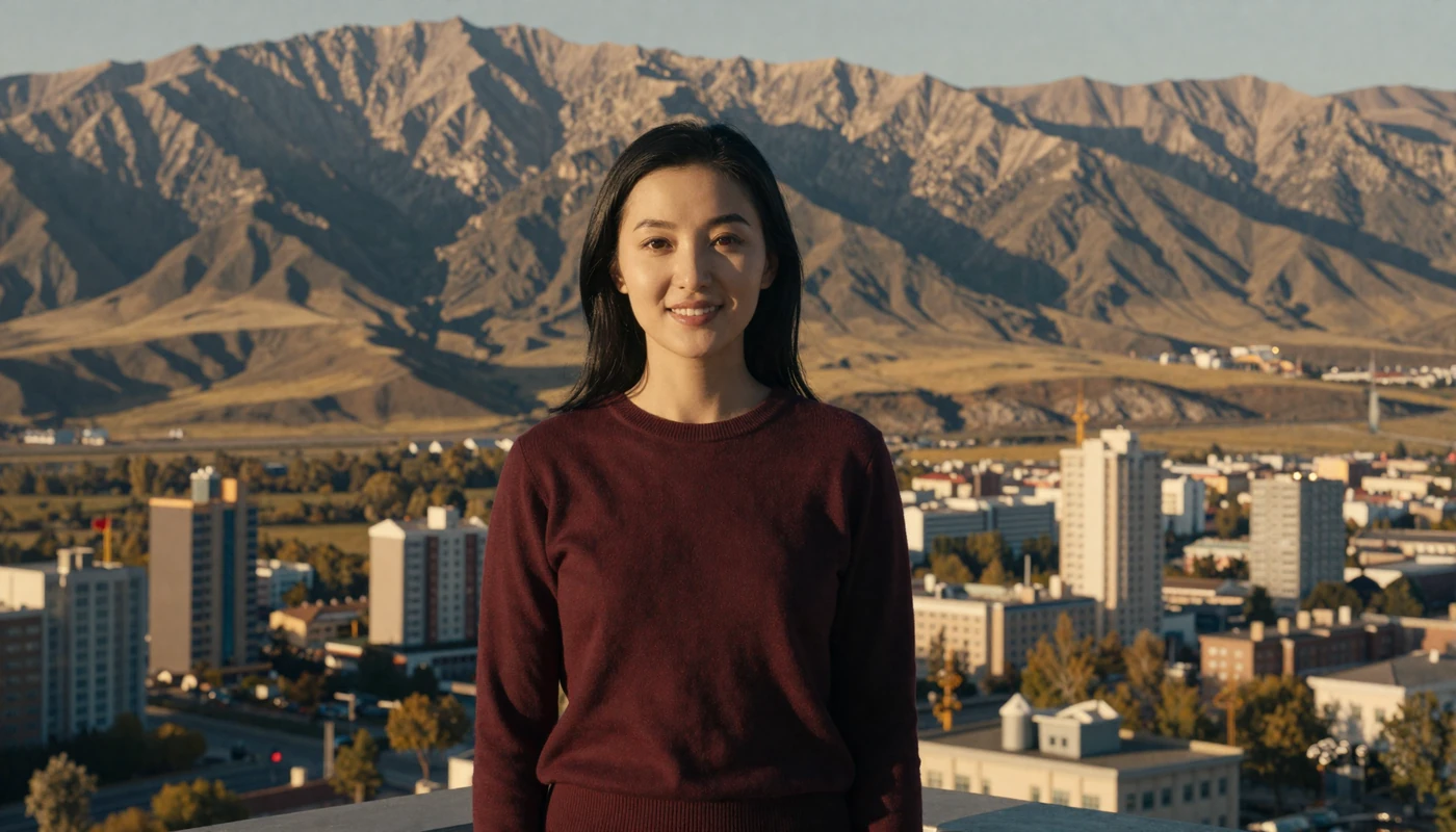 Beautiful Kazakh woman in elegant attire overlooking Almaty cityscape with Tian Shan mountains at golden hour