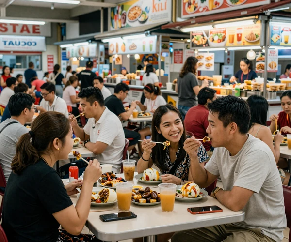 Couples sharing a meal at a vibrant Singapore hawker center with warm evening lighting