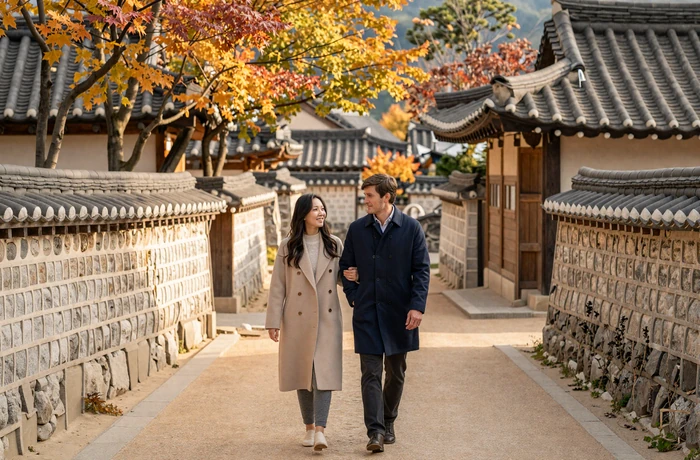 Western man and Korean woman walking together through traditional Korean village path with autumn maple trees