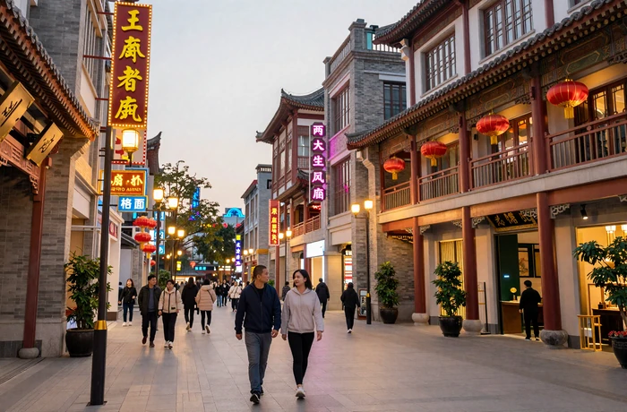 Modern Chinese city street at dusk blending traditional red lanterns with contemporary urban architecture