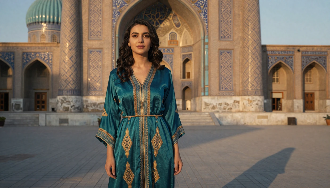 Beautiful Uzbek woman in elegant atlas silk dress standing before Samarkand's Registan Square at golden hour