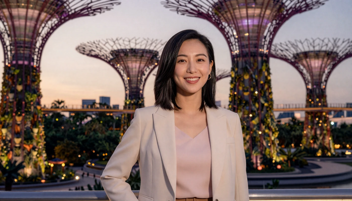 Elegant Singaporean woman smiling confidently at Gardens by the Bay Singapore at golden hour
