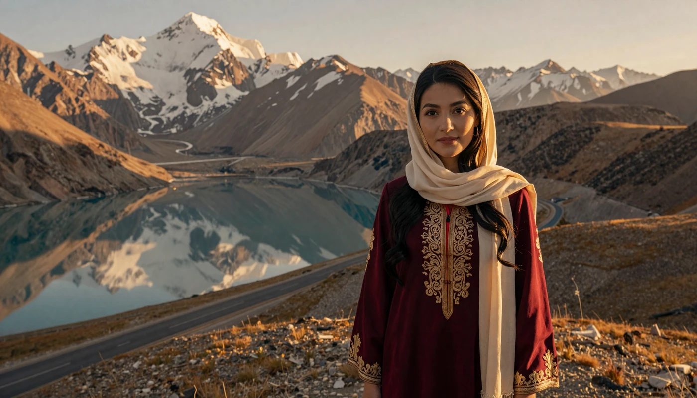 Beautiful Tajik woman in elegant crimson embroidered dress standing before Tajikistan's Pamir mountains at golden hour