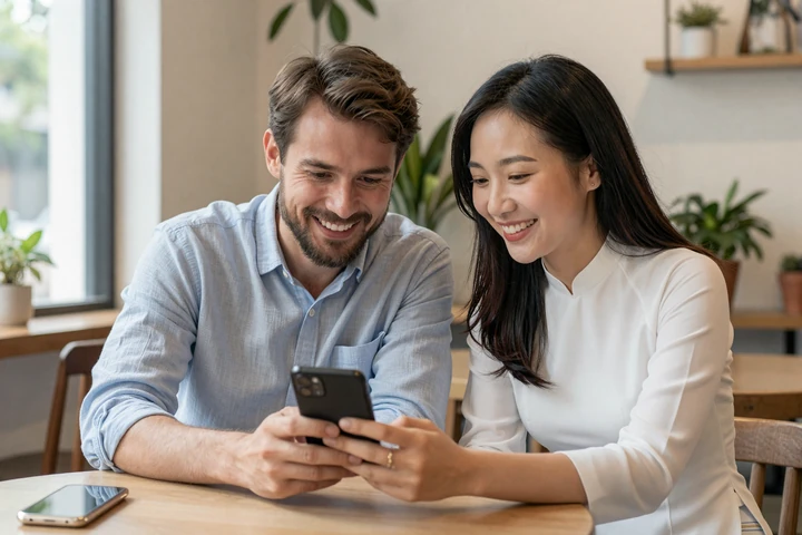 Western man and Vietnamese woman laughing together at a cozy coffee shop during a first date