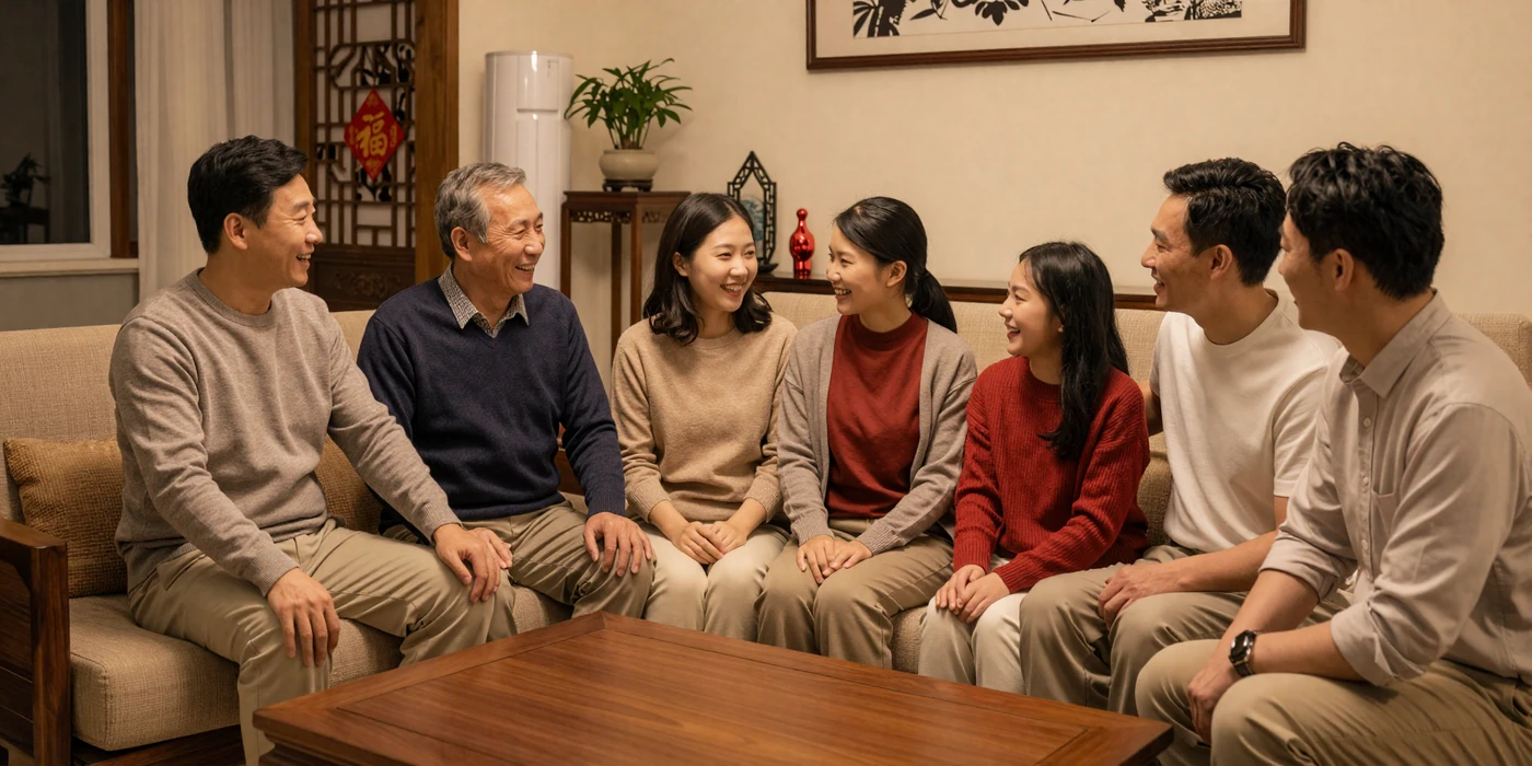 Multi-generational Asian family gathering together in a warm living room sharing quality time