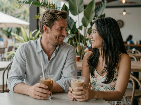 Western man and Asian woman smiling at each other during a first meeting at a cozy outdoor cafe in Asia