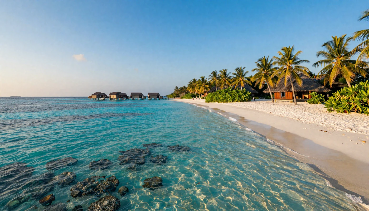 Stunning Maldivian island landscape with turquoise lagoon and white sand beach at golden hour