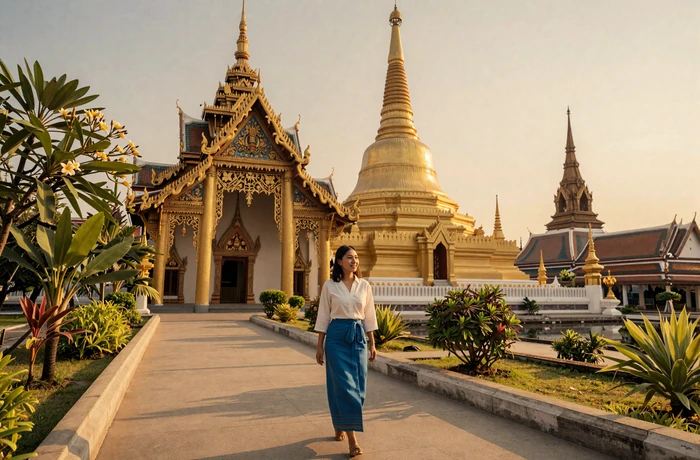 Golden Thai Buddhist temple at sunset with young Thai woman walking along the courtyard path