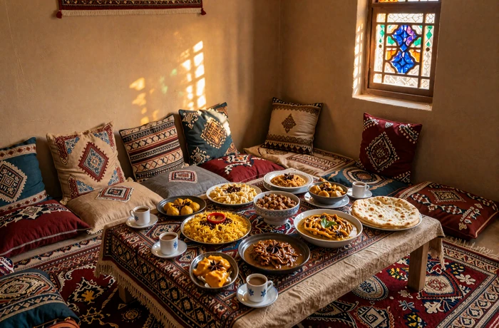 Traditional Yemeni family gathering with elaborate mandi rice and saltah stew spread on ornate carpets with qamariya window light