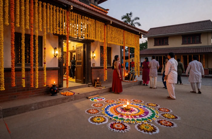 Vibrant Nepali Tihar festival scene with marigold garlands and oil lamps at a traditional Newari home