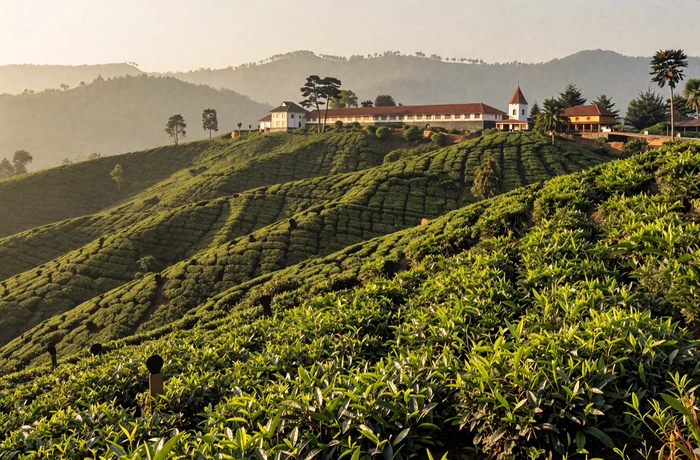 Scenic Sri Lankan tea plantation in Nuwara Eliya with lush green rolling hills and morning mist