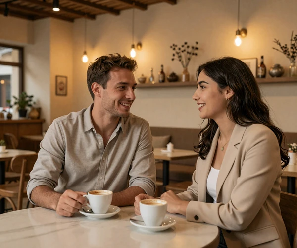 Western man and Jordanian woman having coffee together in a warm modern Amman cafe