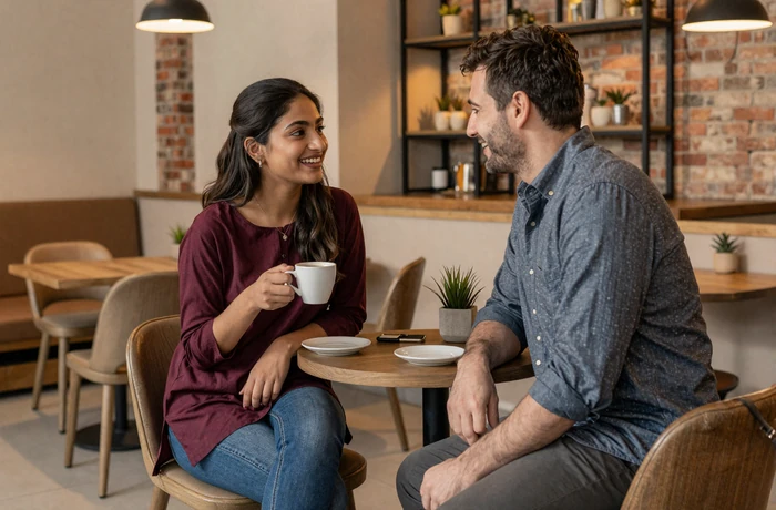 Western man and Pakistani woman having coffee and conversation at a modern Lahore cafe