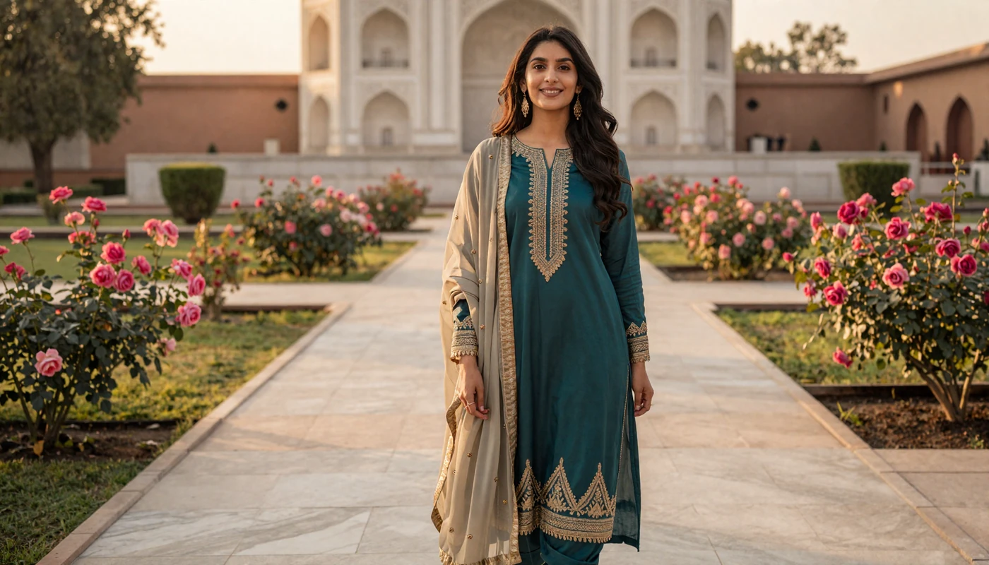 Beautiful Pakistani woman in elegant traditional dress standing in a Mughal garden at golden hour
