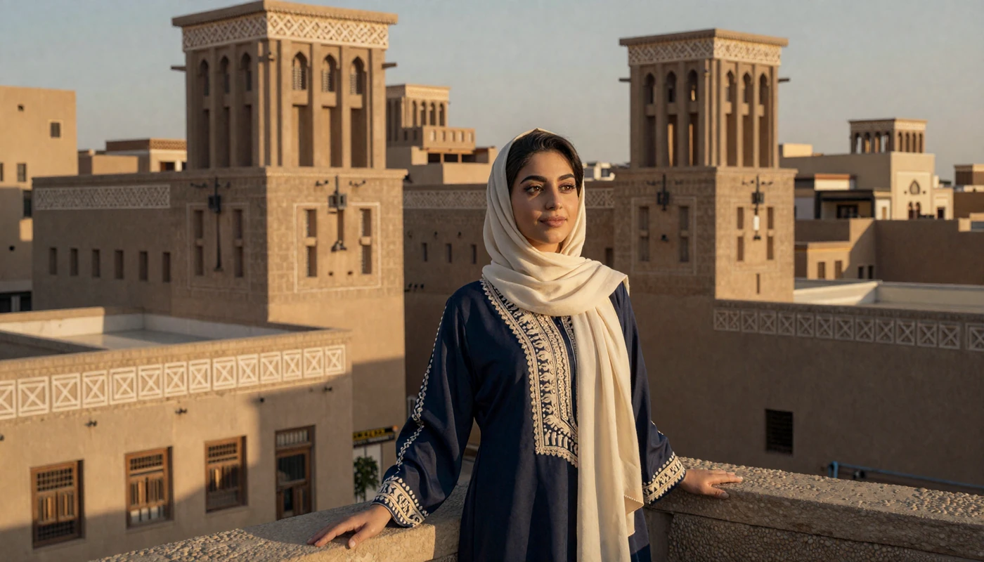 Graceful Yemeni woman in elegant navy embroidered dress overlooking the ancient tower houses of Sana'a old city at golden hour