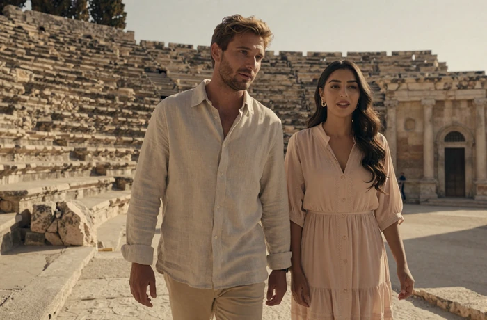 Western man and Jordanian woman exploring the ancient Roman amphitheater together in downtown Amman
