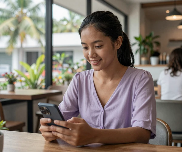 Young Timorese woman smiling while using smartphone in a modern Dili cafe with tropical plants