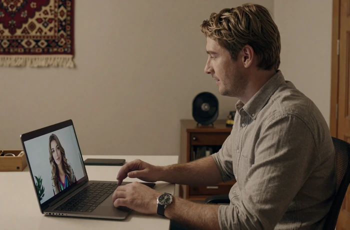 Western man on video call with a Turkmen woman in a warm home office evening setting