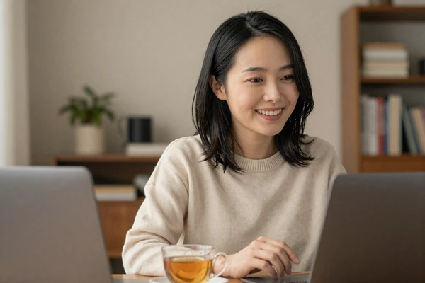 Young Japanese woman smiling during a cozy video date call from her apartment
