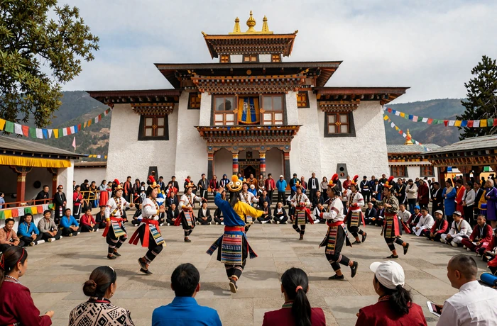 Colorful Bhutanese tshechu festival with masked dancers performing at a dzong fortress courtyard with crowds in traditional dress