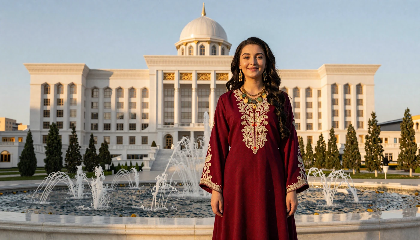 Elegant Turkmen woman in traditional embroidered dress standing before Ashgabat's white marble architecture at golden hour