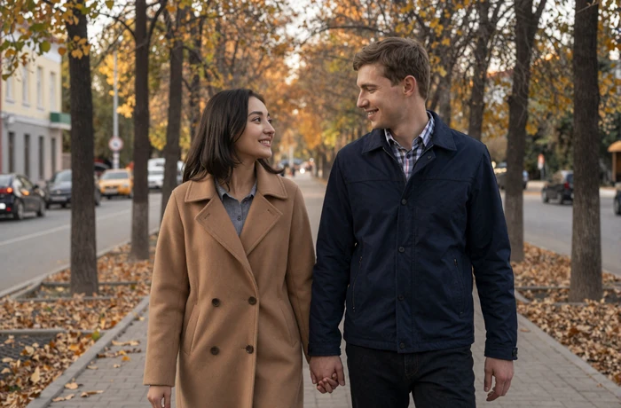 Western man and Kyrgyz woman walking together along a tree-lined Bishkek boulevard in warm autumn light
