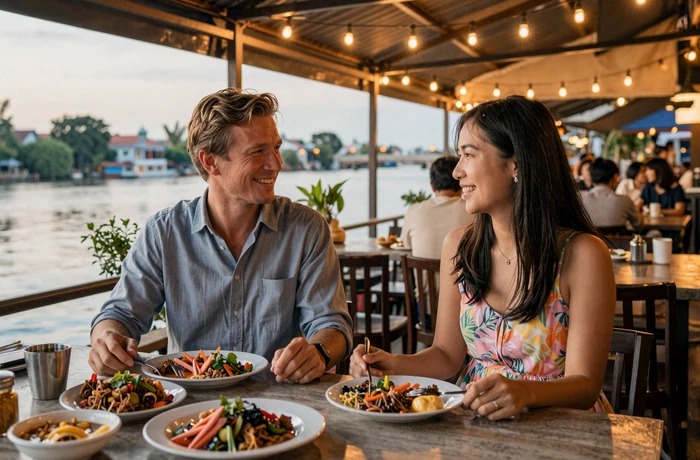 Western man and Cambodian woman sharing a meal at an outdoor riverside restaurant in Phnom Penh at golden hour