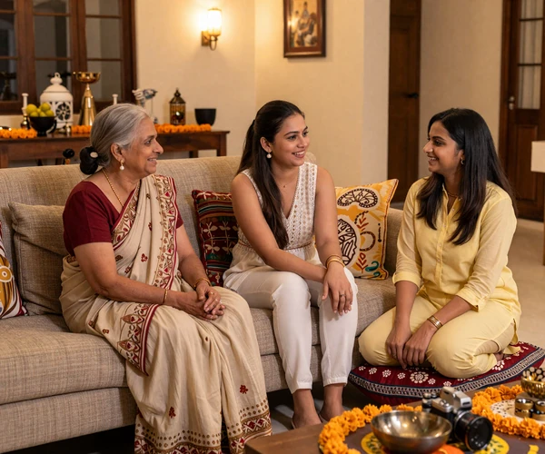 Warm multigenerational Indian family gathering in a beautifully decorated home with golden lighting