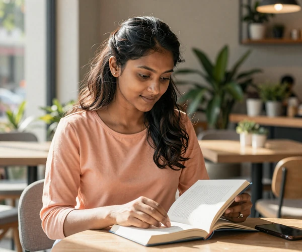 Sri Lankan woman reading at a sunlit cafe table in modern Colombo