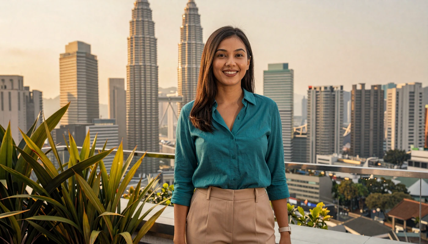 Beautiful Malaysian woman on a Kuala Lumpur rooftop terrace at golden hour with Petronas Towers skyline