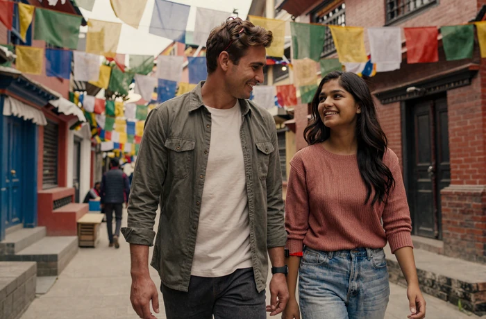 Happy Western man and Nepali woman walking together on a colorful Kathmandu street with prayer flags