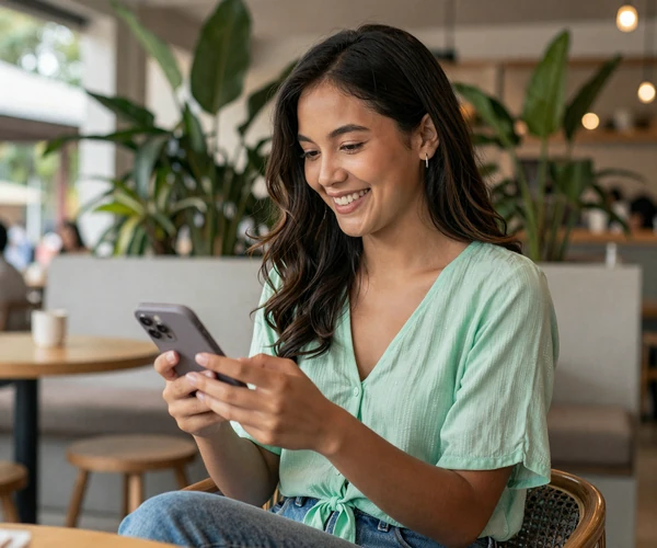 Young Filipino woman smiling warmly at a modern Philippine cafe with tropical plants