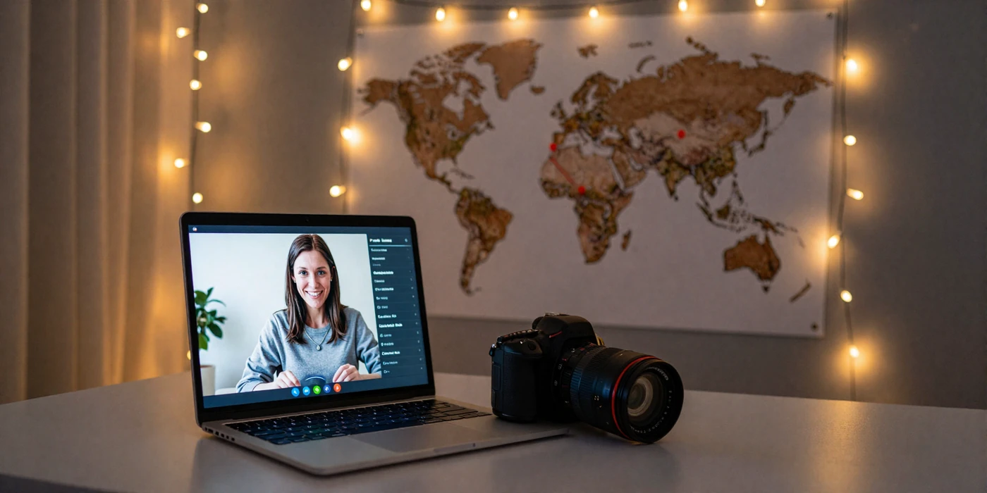 Cozy evening setup for a long-distance video call with world map showing connection between USA and Asia