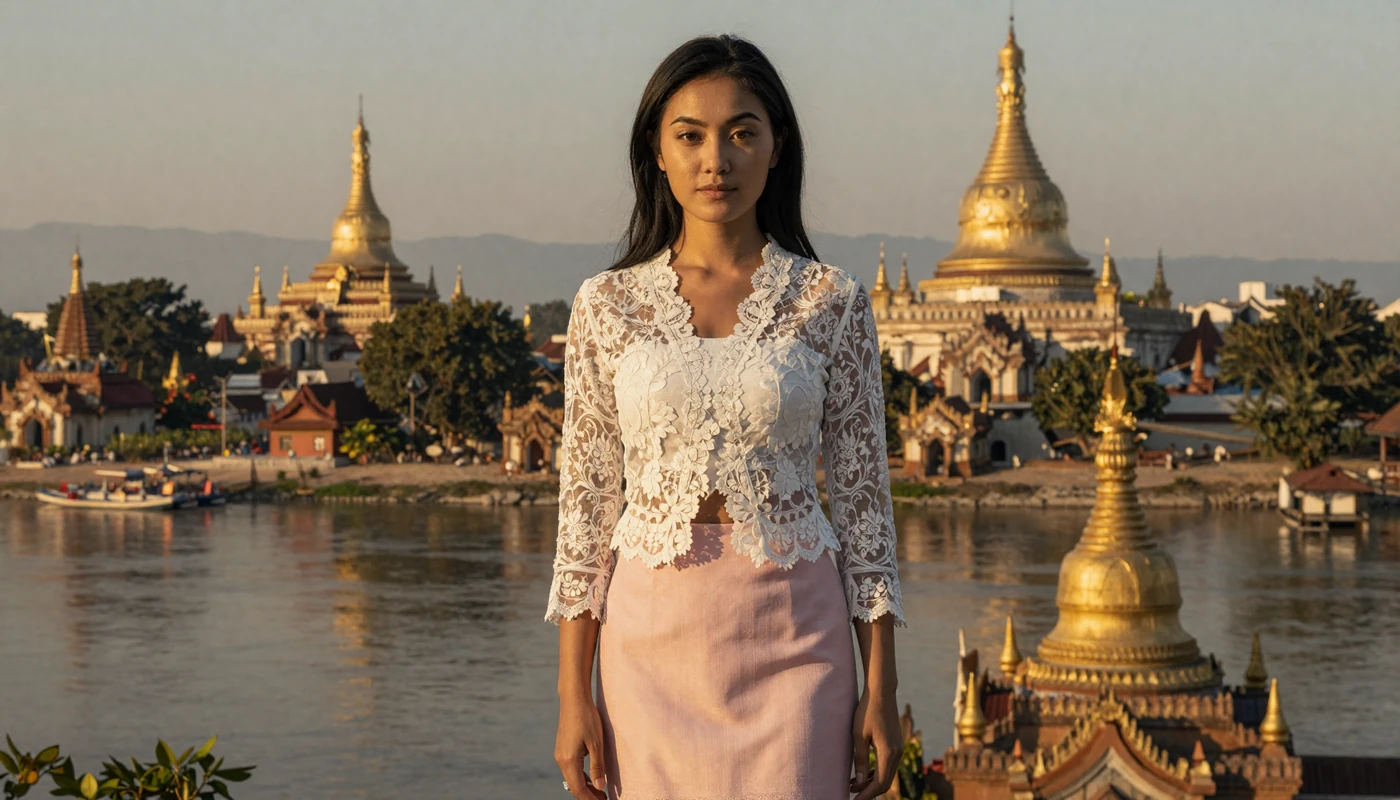 Beautiful Burmese woman in traditional htamein longyi standing before golden pagodas at sunset in Bagan Myanmar