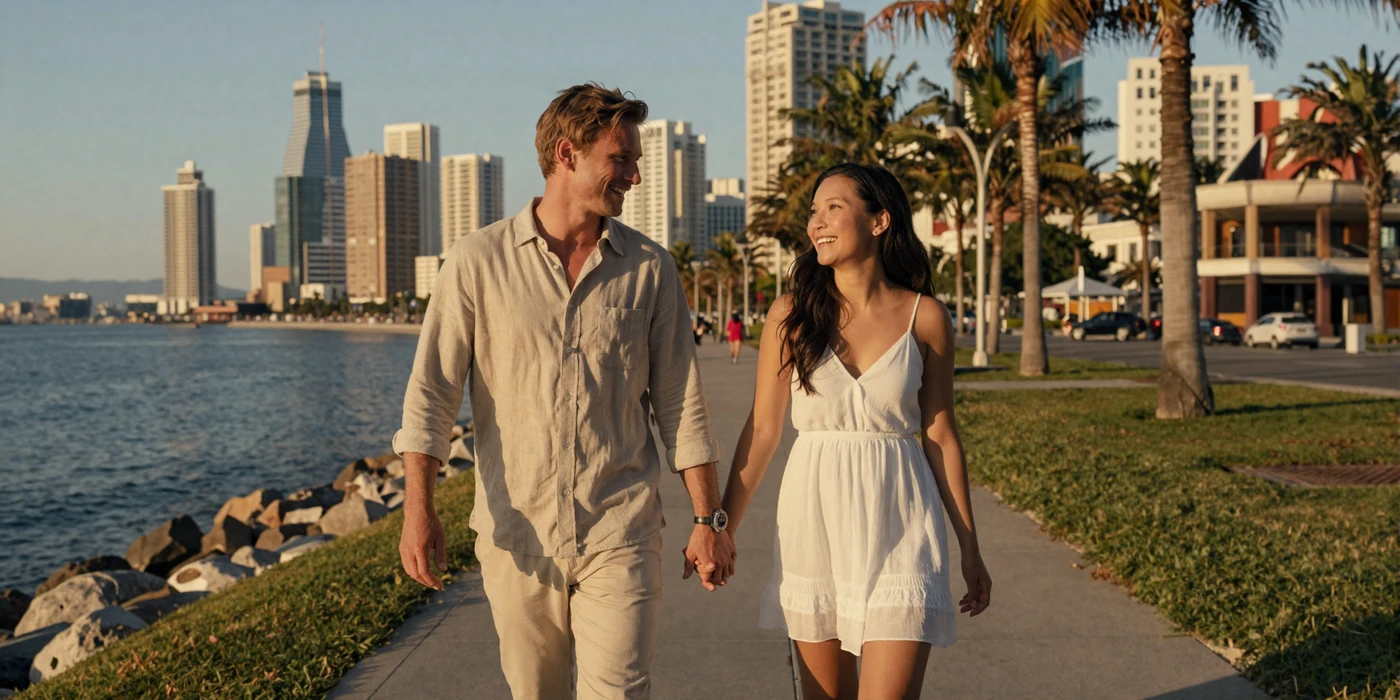 Happy interracial couple walking together along an Asian waterfront promenade at golden hour
