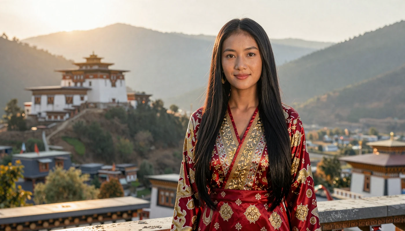 Beautiful Bhutanese woman in traditional red and gold kira dress overlooking the Paro Valley with Himalayan mountains at golden hour