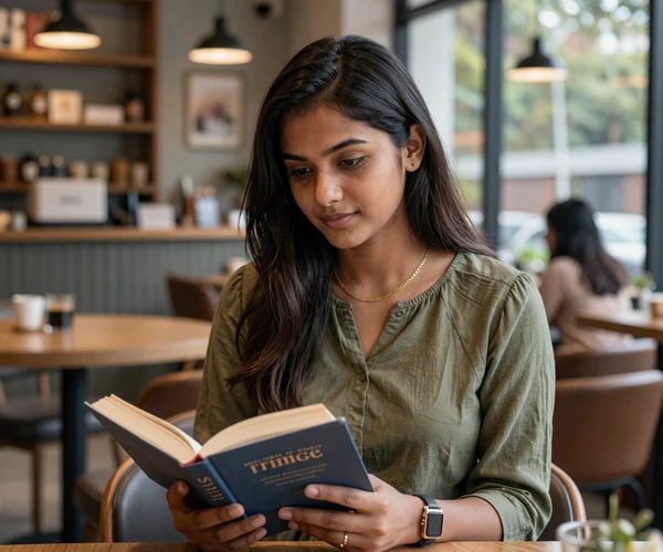 Bangladeshi woman in casual outfit reading at a modern Dhaka coffee shop