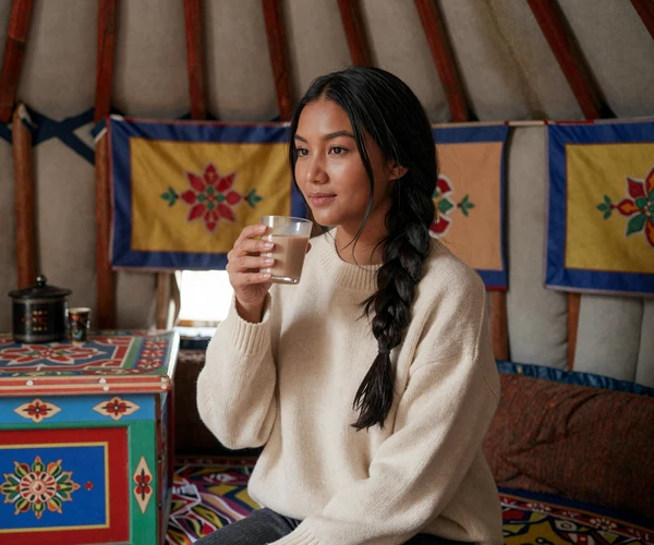 Mongolian woman enjoying traditional milk tea inside a beautifully decorated ger with colorful painted furniture