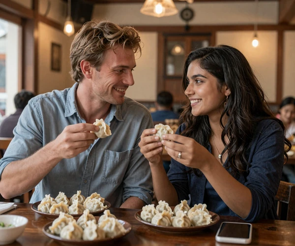 Western man and Nepali woman sharing momo dumplings at a cozy traditional restaurant in Nepal