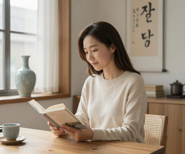 Korean woman reading a book in cozy modern apartment with traditional Korean decor and warm daylight