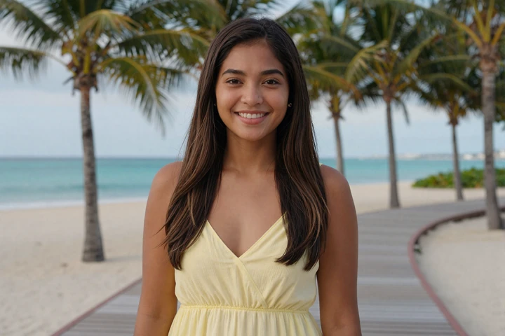 Beautiful Filipina woman smiling warmly on a tropical beach boardwalk representing Philippines as top country to meet an Asian wife
