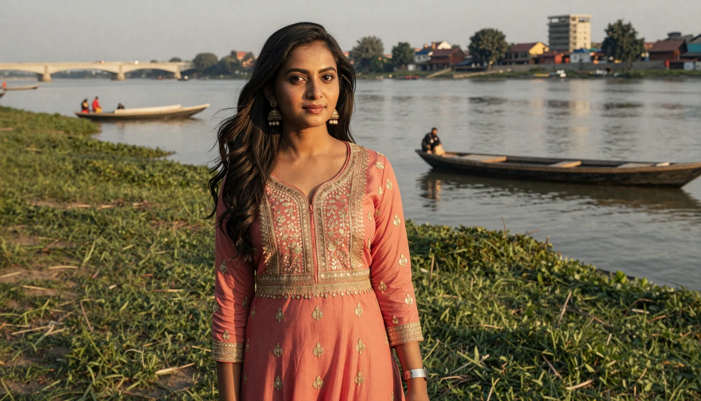 Beautiful Bangladeshi woman in elegant coral salwar kameez standing near the Buriganga River at golden hour