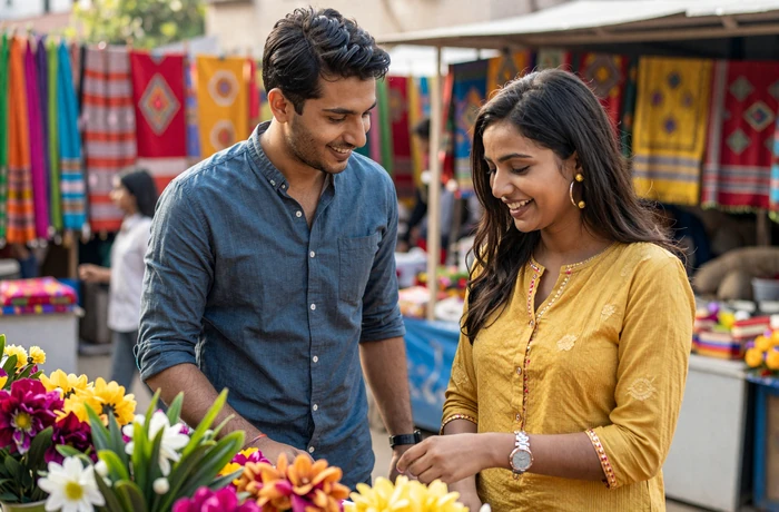 Happy Western man and Bangladeshi woman laughing together at a colorful Bengali outdoor market