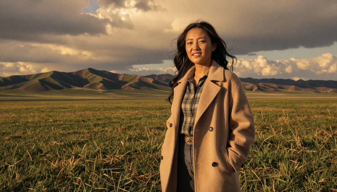 Mongolian woman in modern wool coat standing on the vast Mongolian steppe at golden hour with mountains in the distance